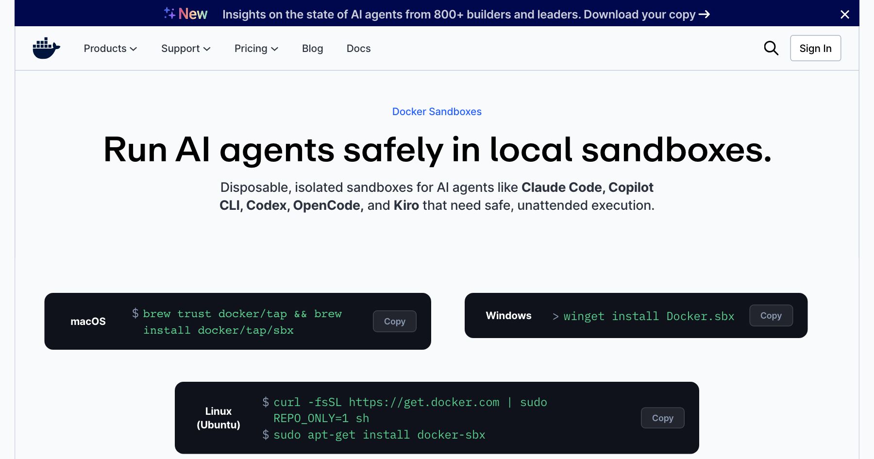 Screenshot of docker.com: Docker Sandboxes | Sandboxes for Coding Agents | Docker