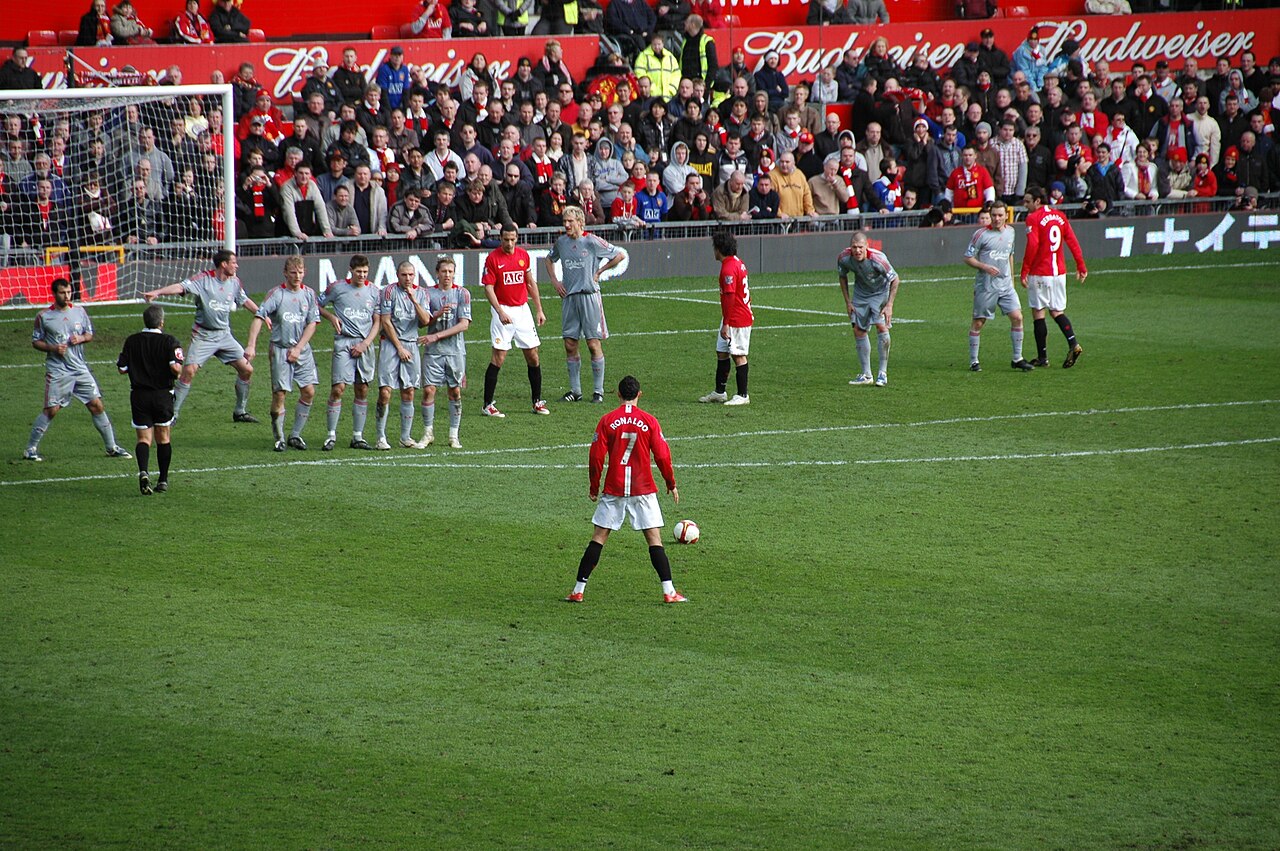 Cristiano Ronaldo slip when performing a freekick during the Premier League match between Manchester United FC and Liverpool FC in Old Trafford (Manchester)…