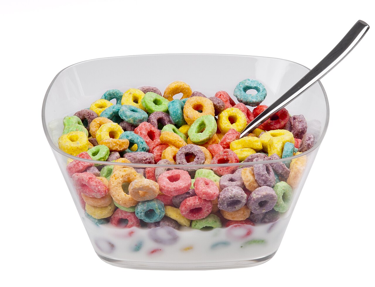 A bowl of Kellogg's Froot Loops cereal.