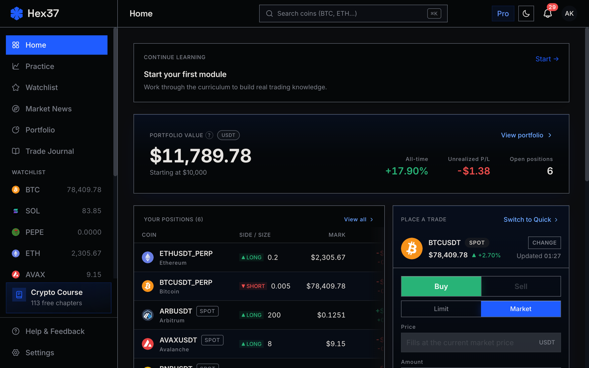 Dashboard preview with portfolio value, open positions, watchlist, and order form